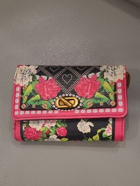 Betsey Johnson Black Floral Wallet with Pink Trim